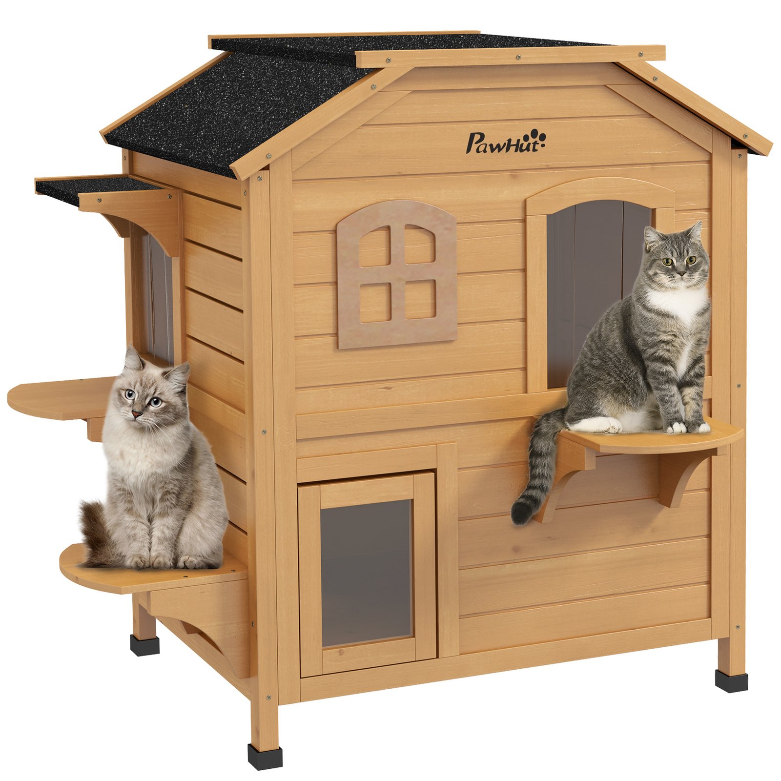 2-Story Wooden Outdoor Cat House Feral Shelter With Escape Door Asphalt Roof 4 Platforms Natural - Image 7