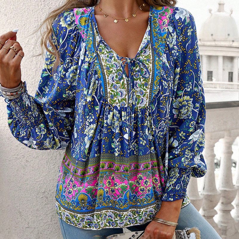Wpmens Boho Chic Long Sleeve Blouse Floral Print V-Neck Top With Lace-Up & Drawstring Detail Elegant Vacation Shirt - Image 7
