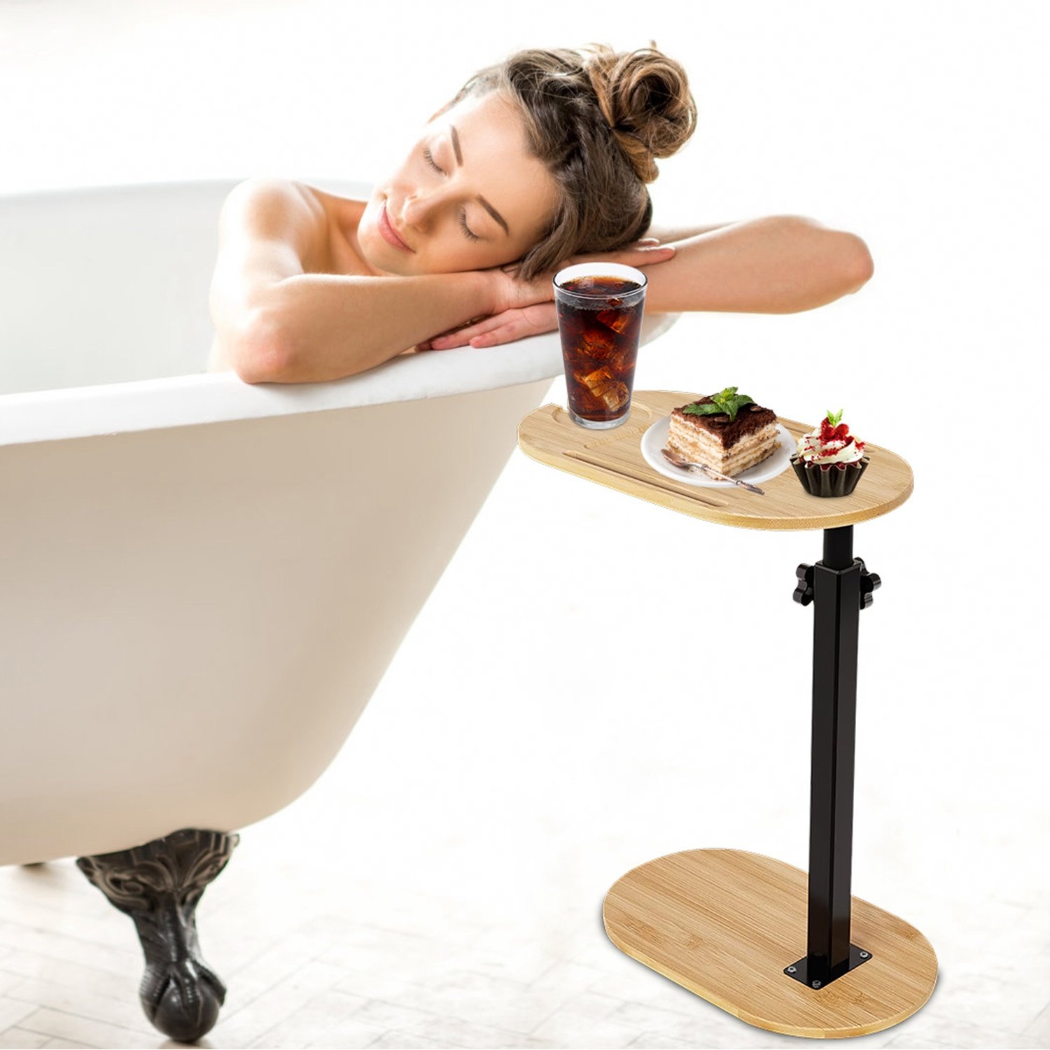 1Pc C-Shaped Bathtub Tray Table With Adjustable Height 360Degree Rotatable Desktop Freestanding Bath Caddy Against Wall Couch Bed Sofa Side Table - Image 7