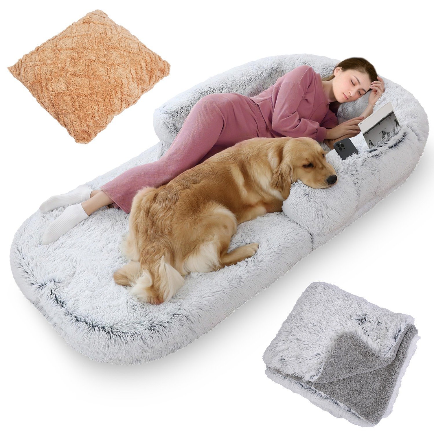 1Pc Large Foldable Human Size Dog Bed With Pillow Blanket Flurry Plush Napping Human-Sized Dog Bed Machine Washable Zipped Removable Cover For Pets Kids Adults Grey 71x45x10in - Image 10