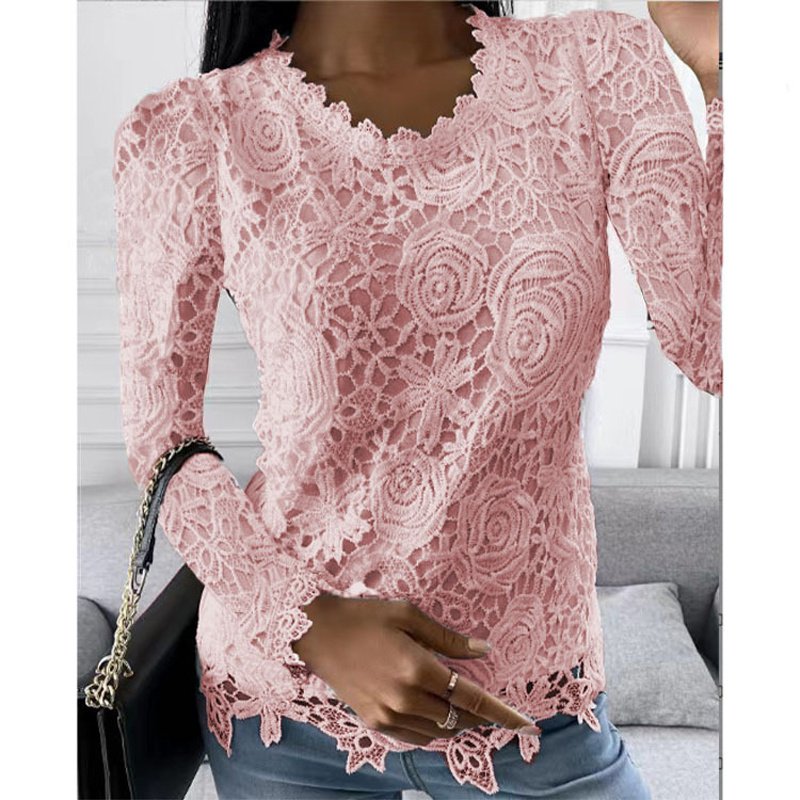 Plus Size Women's Solid Lace Top, Floral Pattern Round Neck Long Sleeve Blouse For Spring And Fall - Image 4