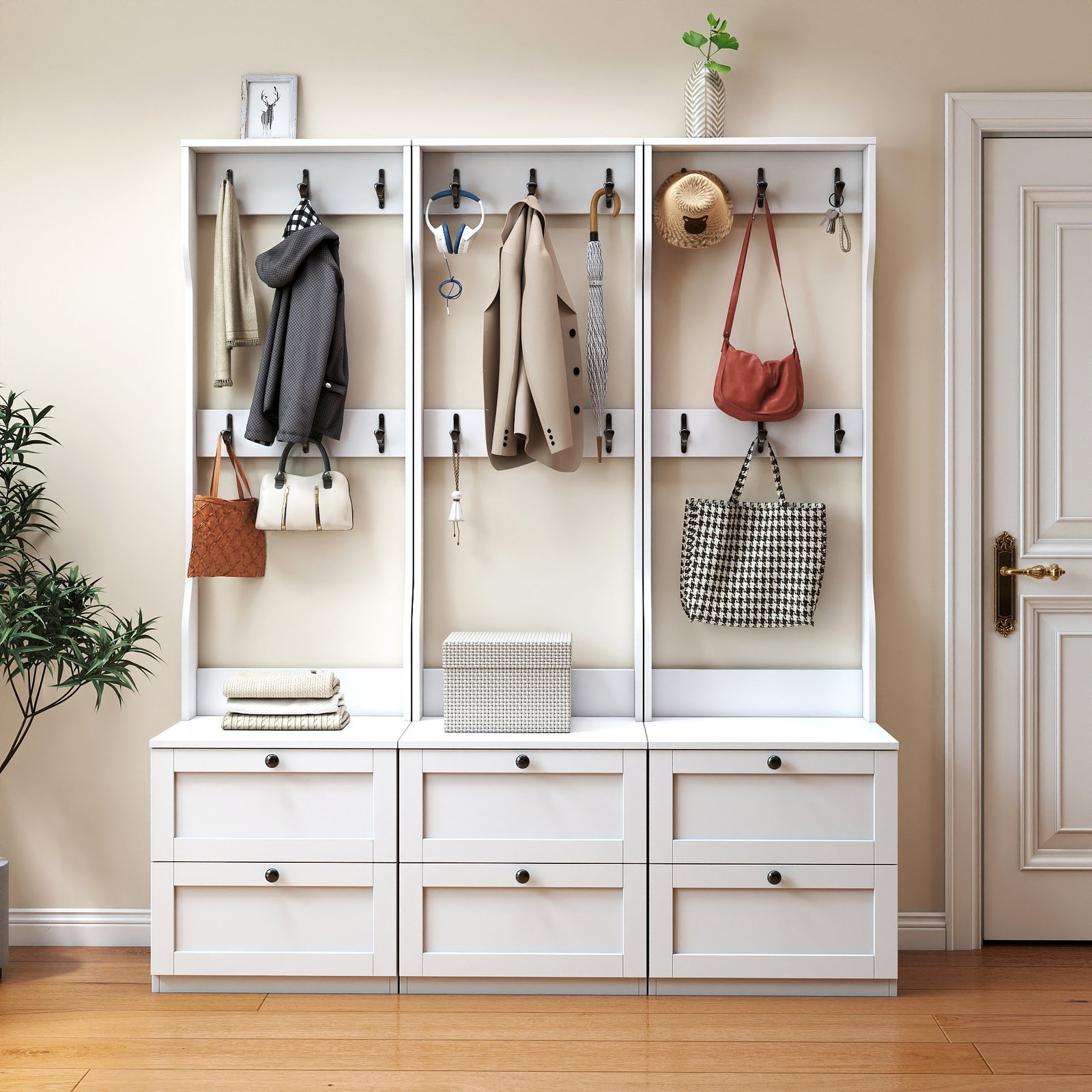 2-in-1 Coat Rack And Nightstand,Wood Bedside Entryway Storage Organizer With Drawer & Hooks, Freestanding Clothes Hanger For Bedroom,Hallway - Image 4