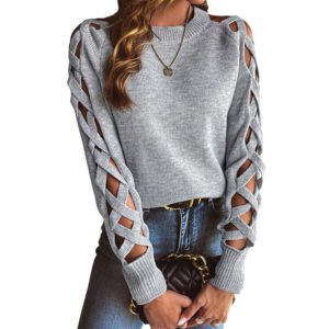 Women's Casual Long Sleeve Hollow Out Sweater, Trendy Chic Crewneck Openwork Knit Pullover Top For Fall