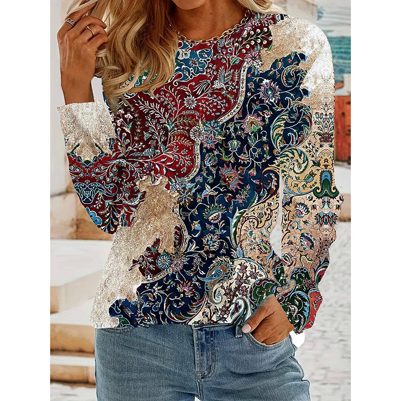 Women's Floral Print Long Sleeve Shirt Casual Round Tunic Blouse Top - Image 2