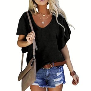 Women's Solid Color V-Neck Short Sleeve T-Shirt - Basic Summer Casual Top