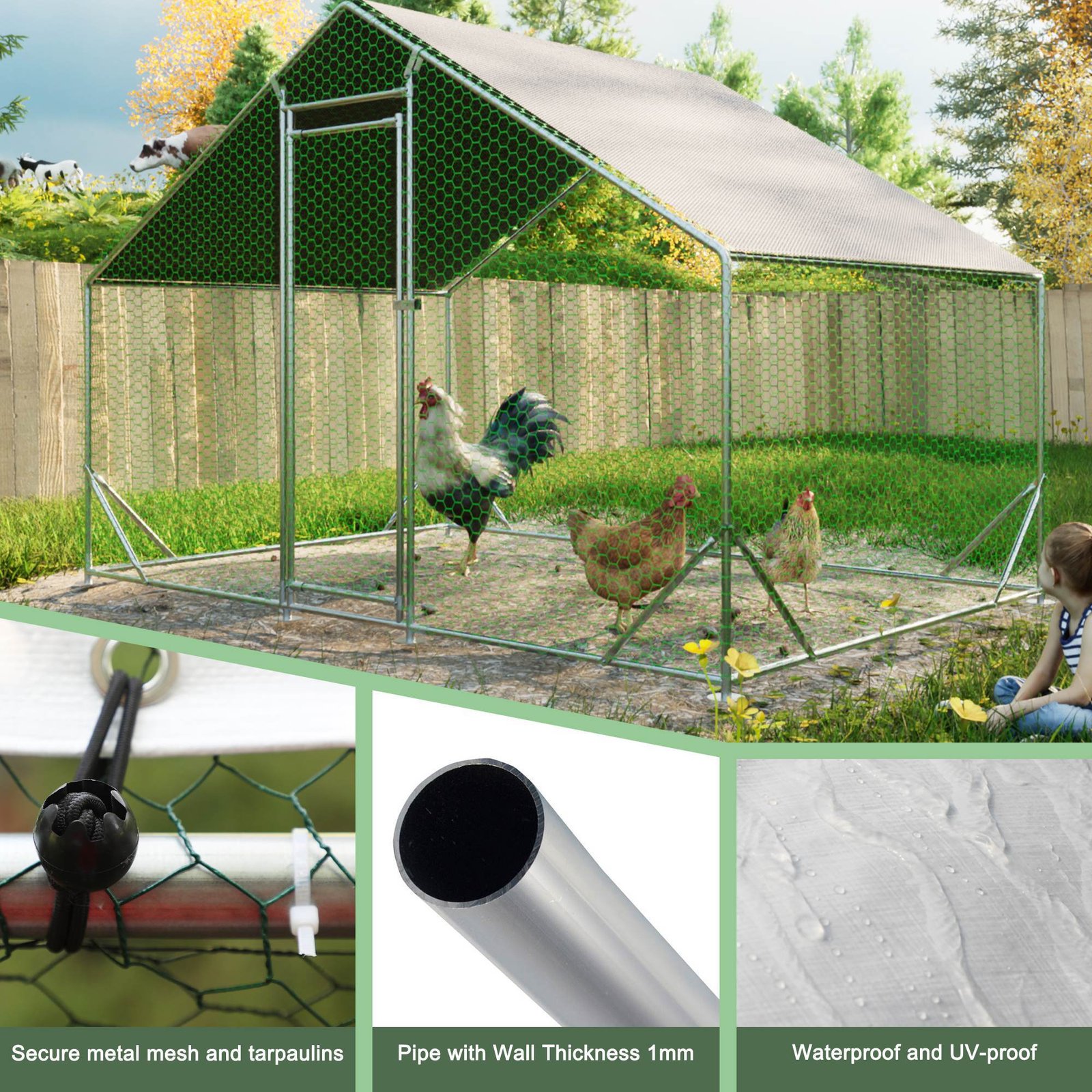 Large Metal Chicken Coop, Walk-in Chicken Run, Galvanized Wire Poultry Chicken Hen Pen Cage, Rabbits Duck Cages With Waterproof And Anti-Ultraviolet Cover For Outside - Image 7