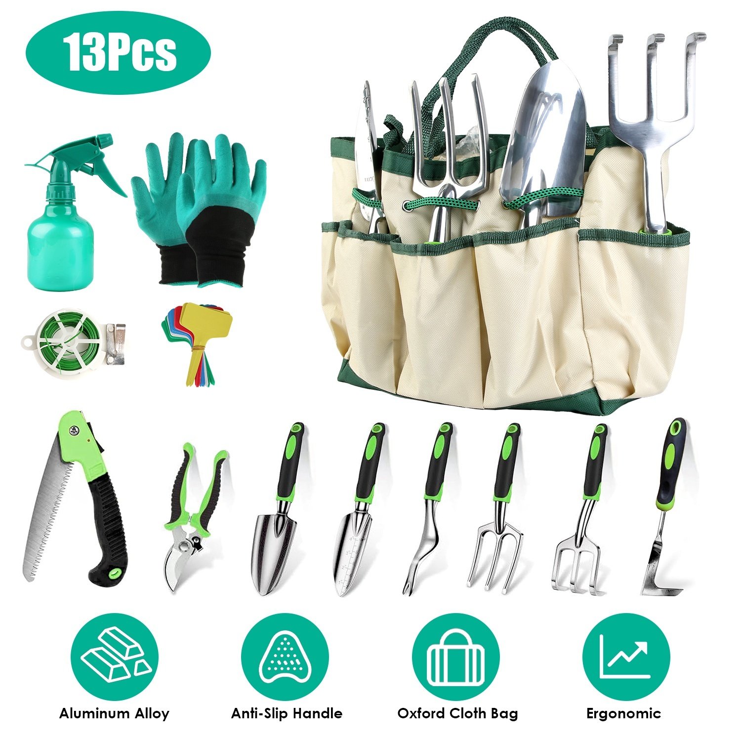 13Pcs Garden Tool Set Aluminum Alloy Gardening Hand Tools Starter Kit With Garden Bag Heavy Duty Outdoor Hand Tools With Non-Slip Ergonomic Handle For Plant Gardening - Image 7
