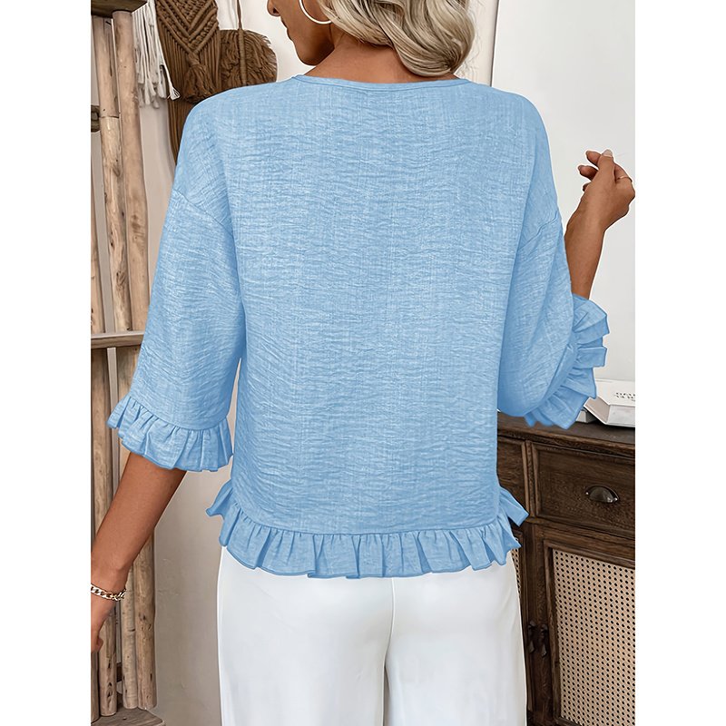 Womens 3 4 Length Sleeve Tops Loose Fit Casual Crew Neck Shirts Ruffle Tunic Blouses - Image 5