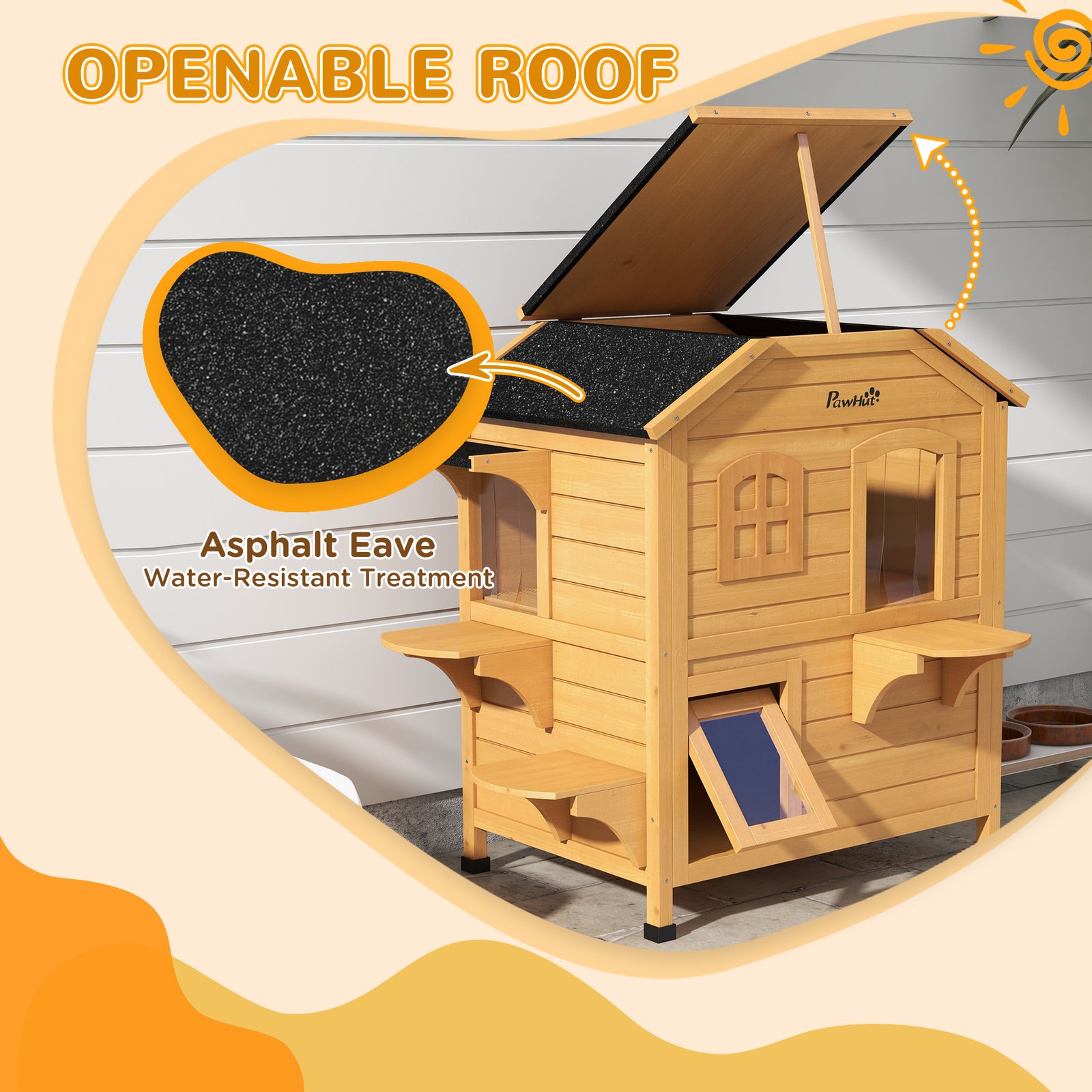2-Story Wooden Outdoor Cat House Feral Shelter With Escape Door Asphalt Roof 4 Platforms Natural - Image 3