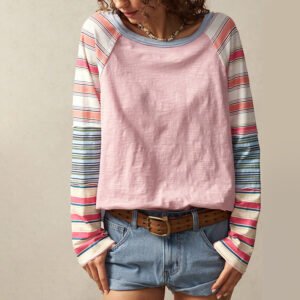 Women's Striped Long Sleeve Top Round Neck Pullover With Unique Patchwork Design For Spring&Fall