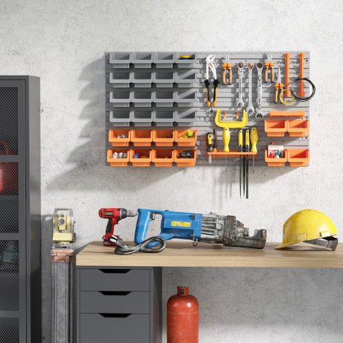 DURHAND 44 Piece Wall Mounted Pegboard Tool Organizer Rack Kit With Various Sized Storage Bins, Pegboard, & Hooks, Orange - Image 9