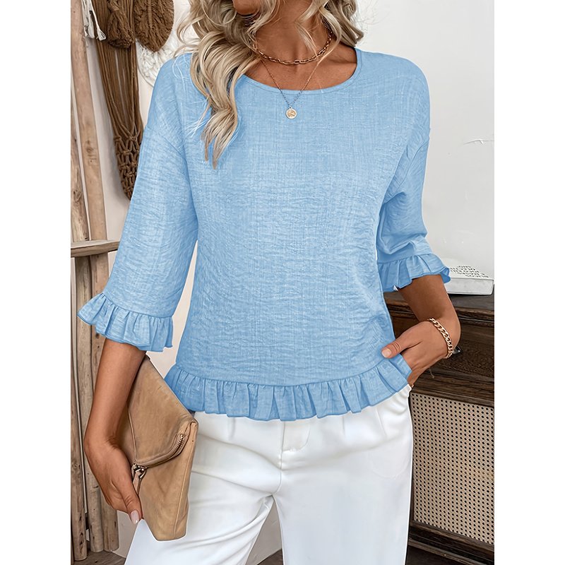 Womens 3 4 Length Sleeve Tops Loose Fit Casual Crew Neck Shirts Ruffle Tunic Blouses - Image 3