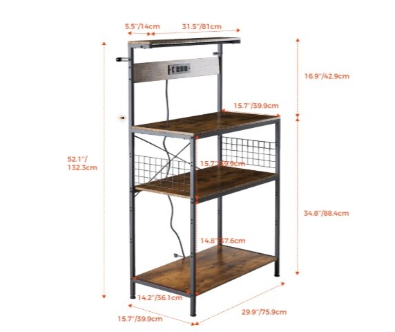 Kitchen Bakers Rack With Power Outlet, Adjustable Storage - Image 6