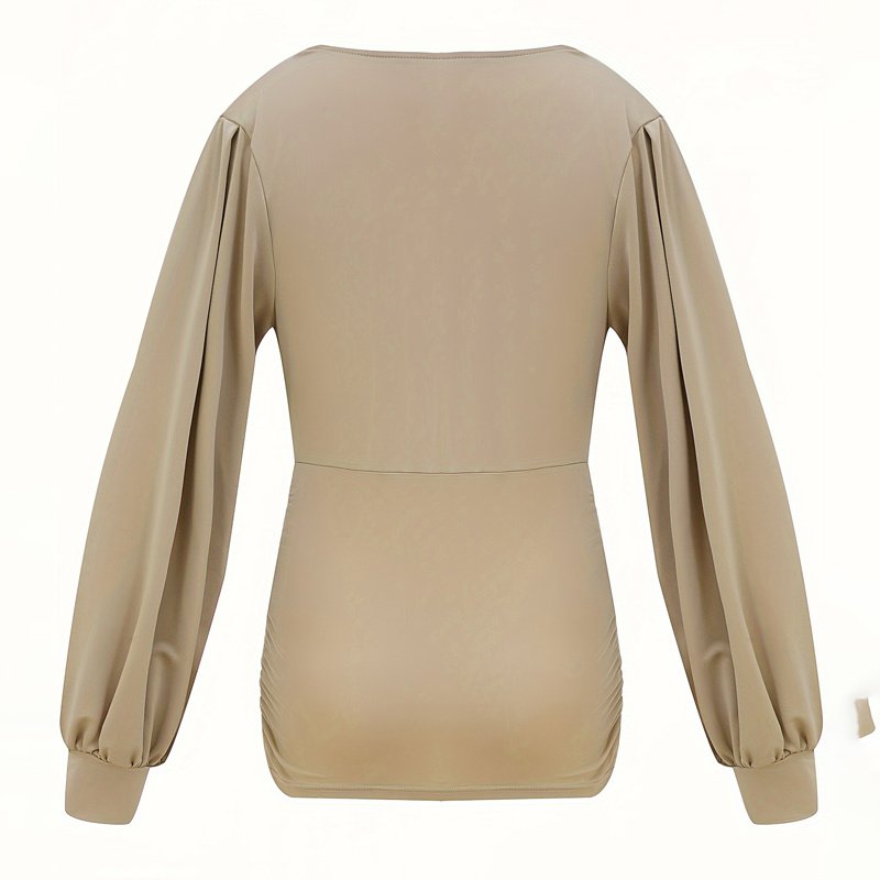 Women's Elegant Solid Color Deep V-Neck Long Sleeve Top With Draped Detail - Casual Pullover Blouse For Spring&Fall - Image 9
