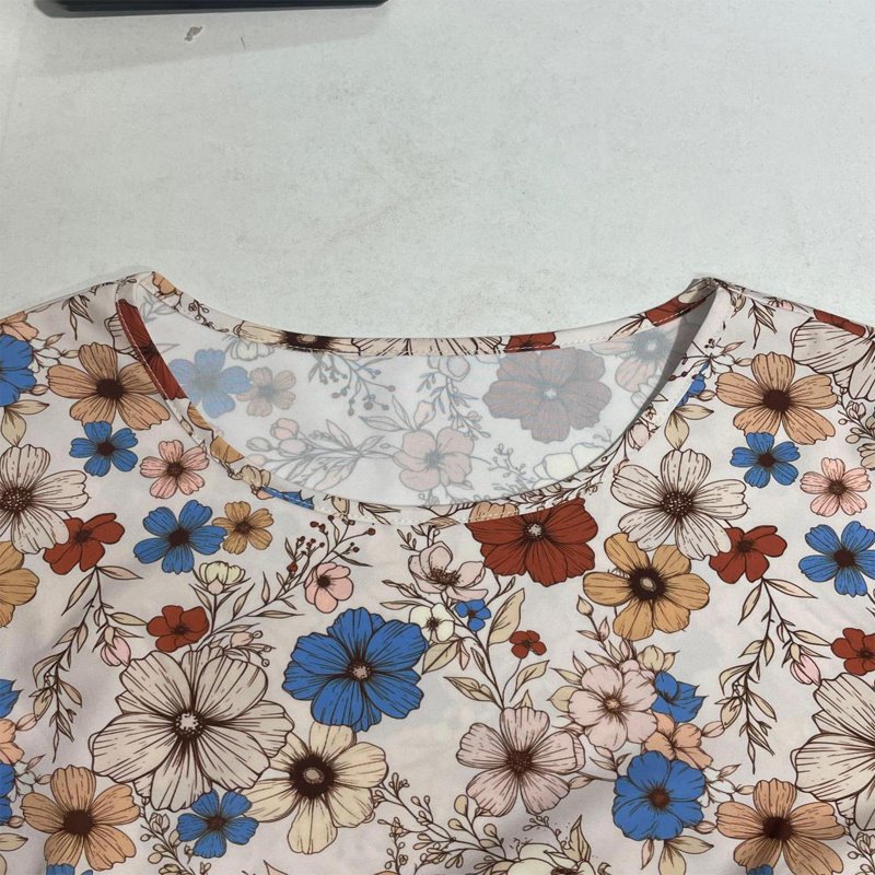 Women's Floral Print Boho Dress, Round Neck Smocked Cuff Sleeve Midi Dress With Patchwork Design For Spring And Fall - Image 10