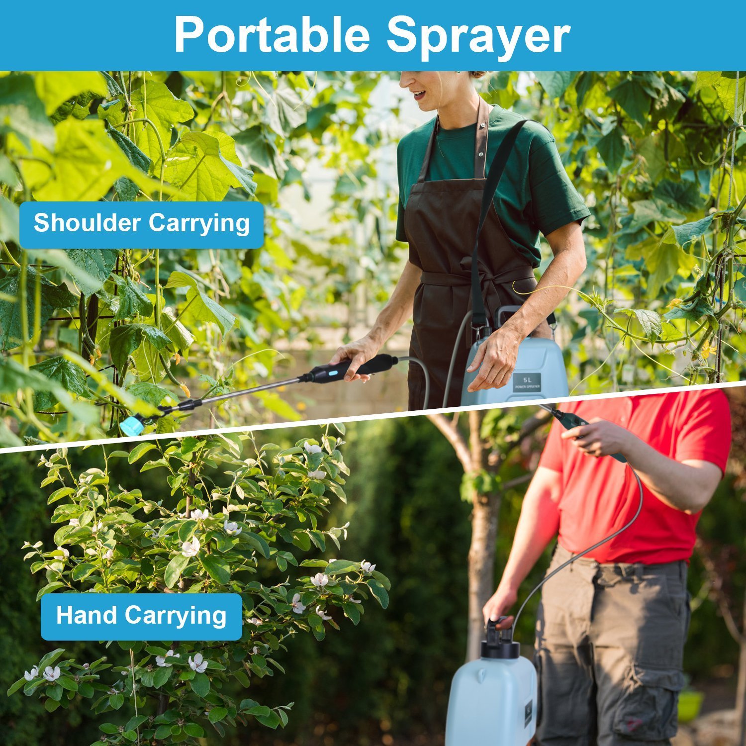 5L 1.32Gallon Battery Operated Water Sprayer Portable Garden Sprayer Electric Sprayer With Rechargeable Handle Telescopic Wand 3 Spray Nozzles Shoulder Strap For Lawn Garden - Image 4