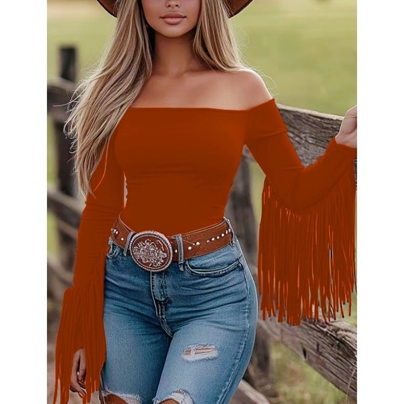 Women's Western Cowgirl Off-Shoulder Fringe Top, Sexy Slim Fitted Long Sleeve Tassel Blouse - Image 9