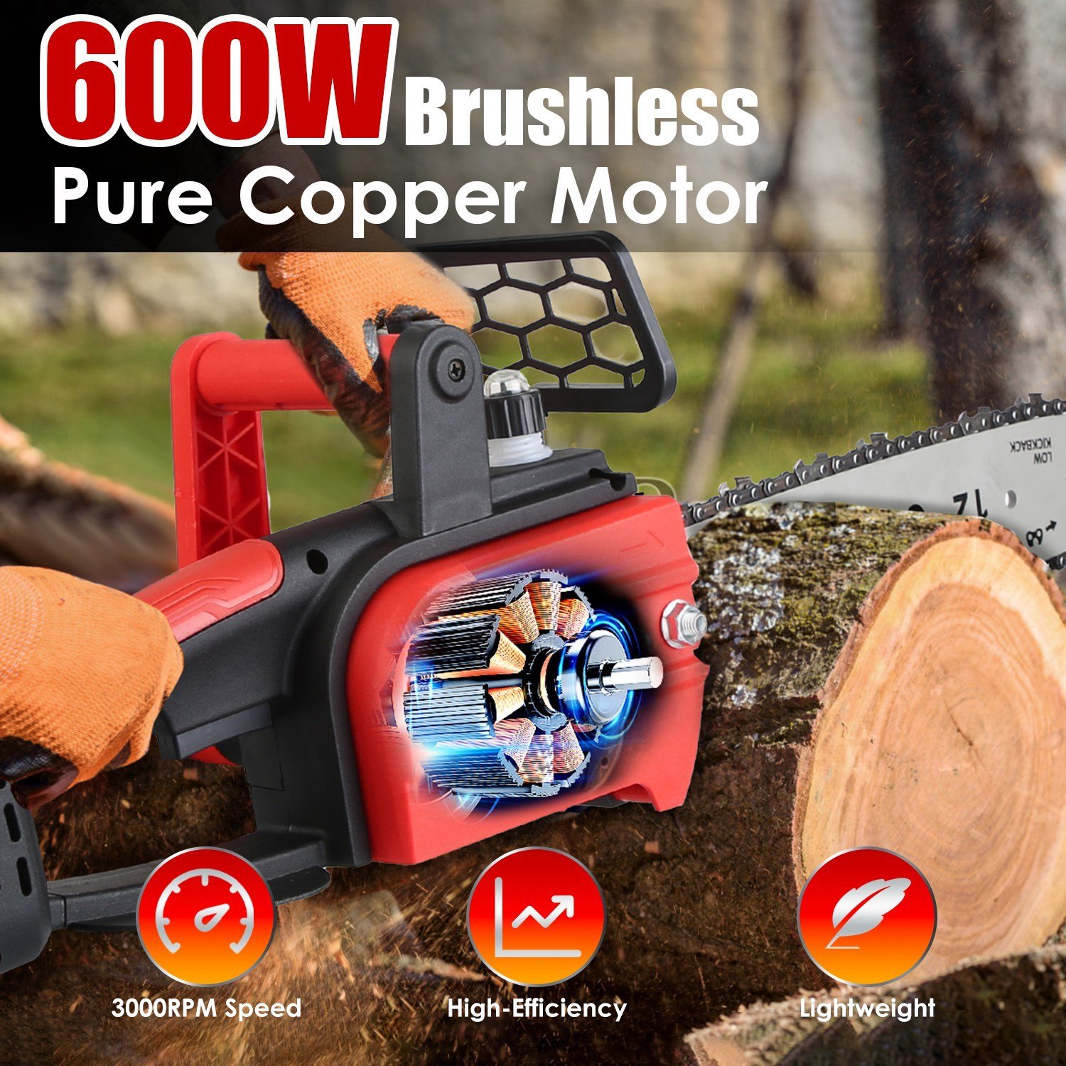1Pc 12Inch Electric Cordless Chainsaw With 2Pcs 21V 3000mAh Battery And Charger Brushless Battery Operated Handheld Chainsaw With Auto Oiler Safety Switch For Tree Trimming Wood Cutting - Image 9
