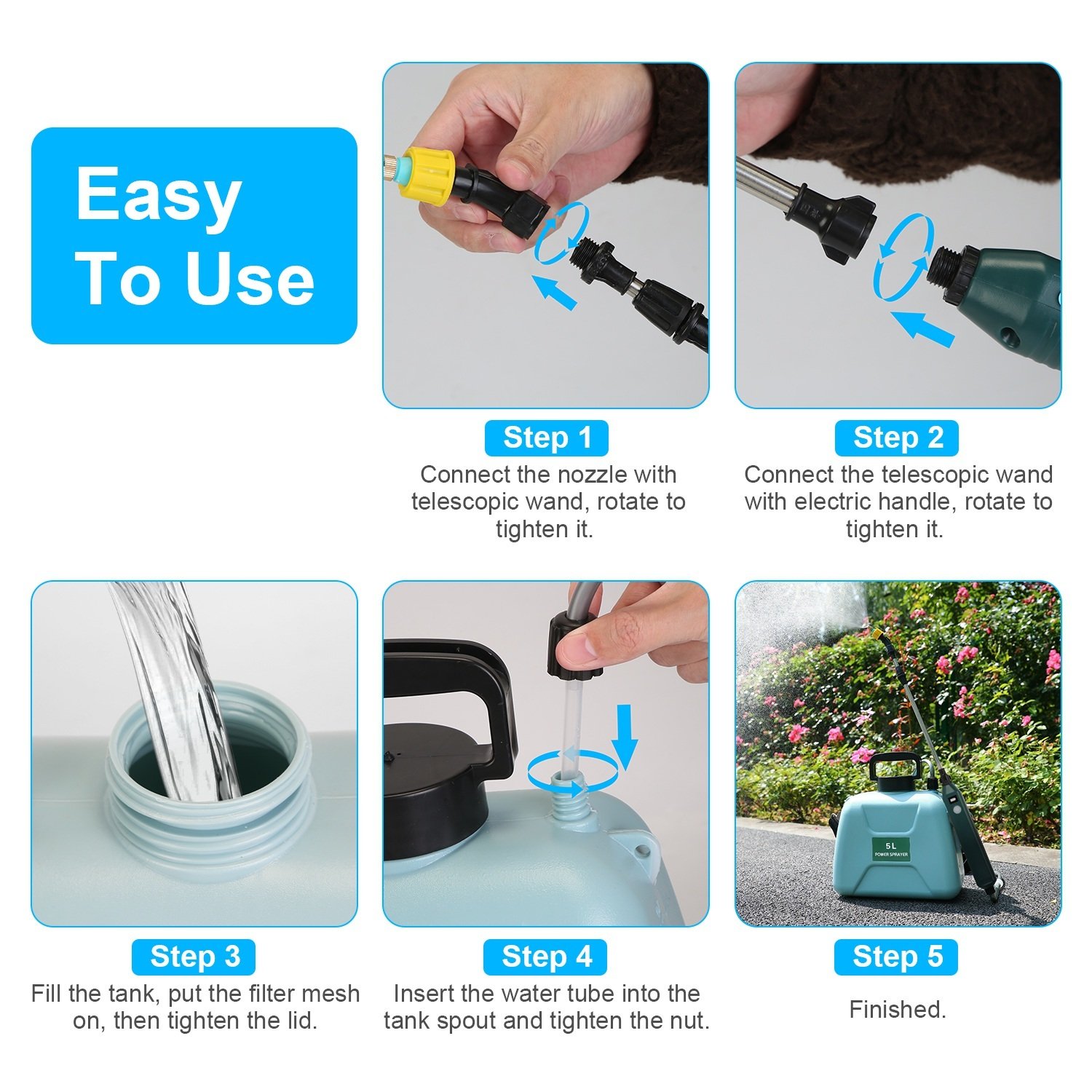 5L 1.32Gallon Battery Operated Water Sprayer Portable Garden Sprayer Electric Sprayer With Rechargeable Handle Telescopic Wand 3 Spray Nozzles Shoulder Strap For Lawn Garden - Image 7