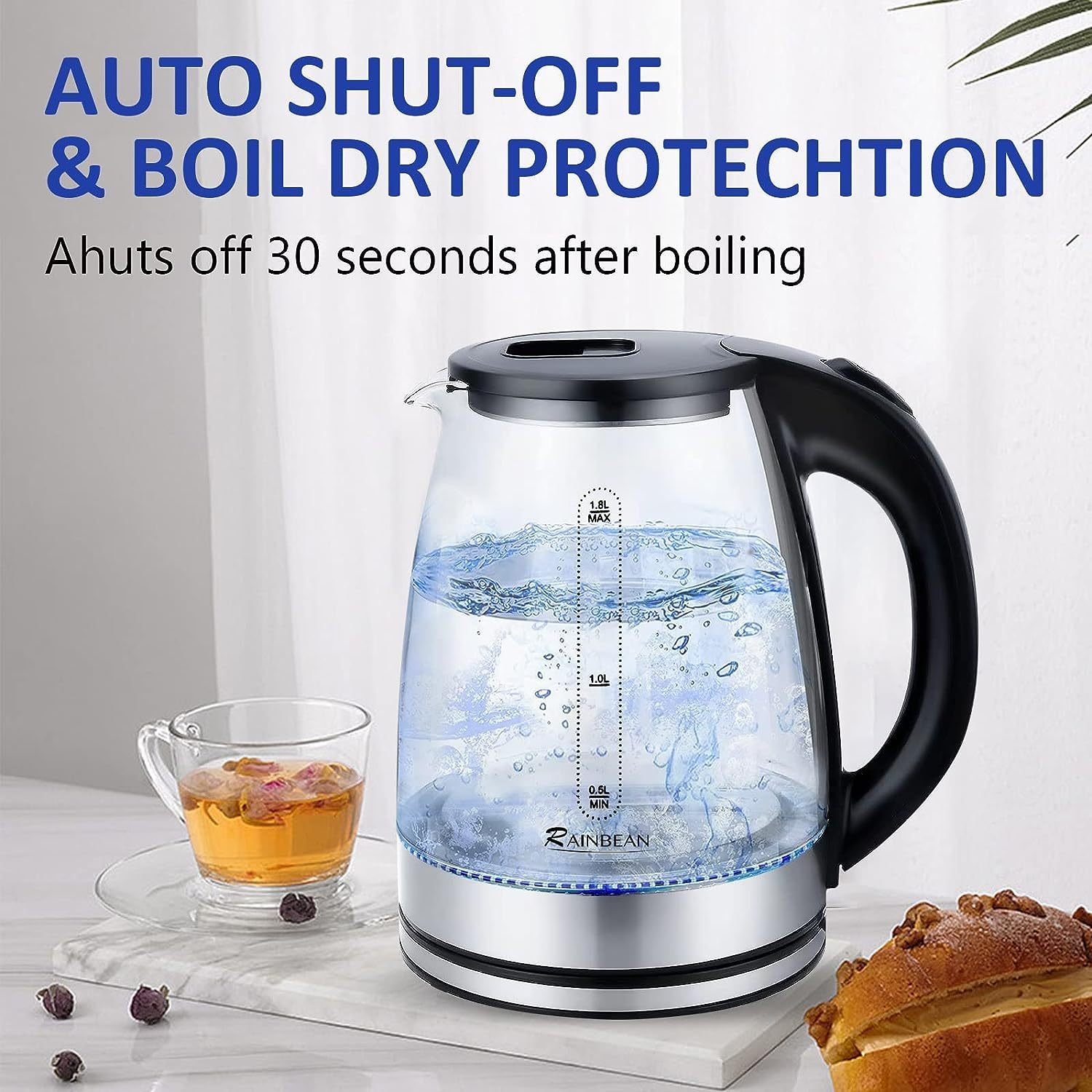 Electric Kettle Water Boiler, 1.8L Electric Tea Kettle, Wide Opening Hot Water Boiler With LED Light, Auto Shut-Off & Boil Dry Protection, Glass Black - Image 4