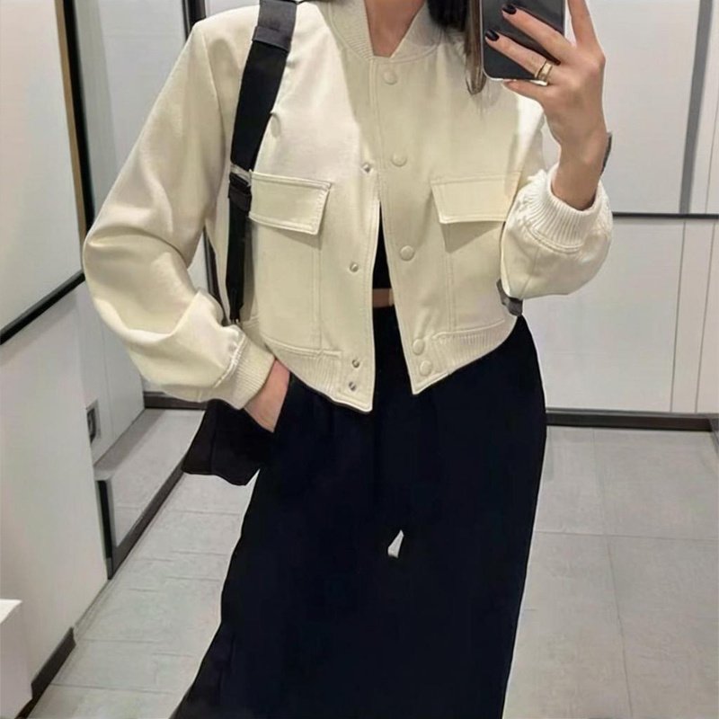 Women's Solid Color Long Sleeve Baseball Jacket With Button Front & Pockets - Casual Short Jacket For Spring&Fall - Image 3
