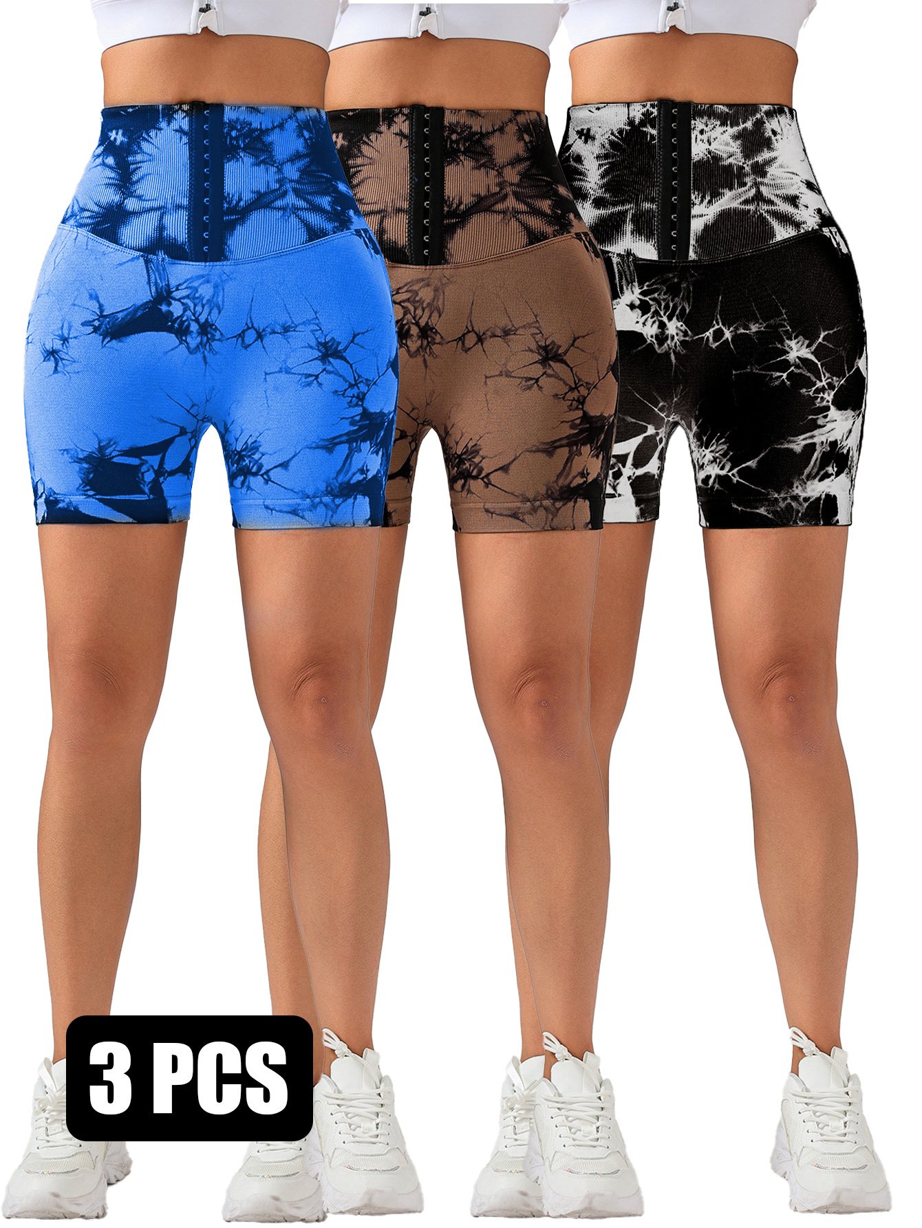3 Pack 3-ROW HOOK Seamless Tie Dye Tummy Control Leggings Shape Body Slim Scrunch Butt Lifting Fitness Sports Shorts - Image 3