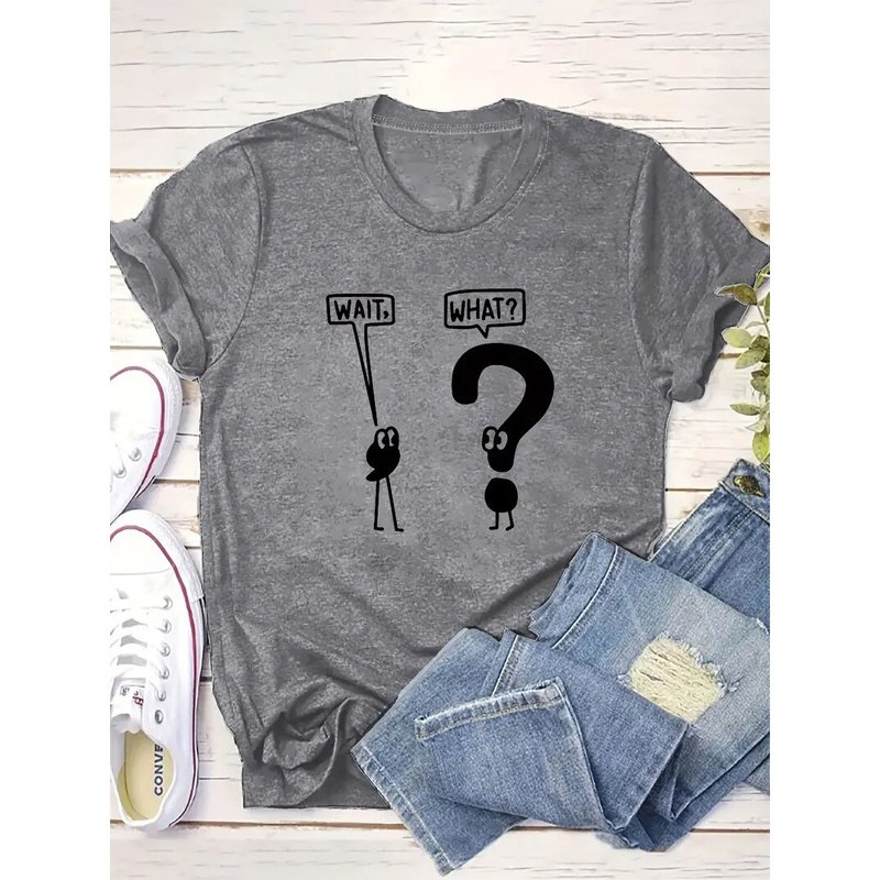 Women'S Casual Crew Neck T-Shirt With Comma And Question Mark Dialogue Pattern Summer Top - Image 2