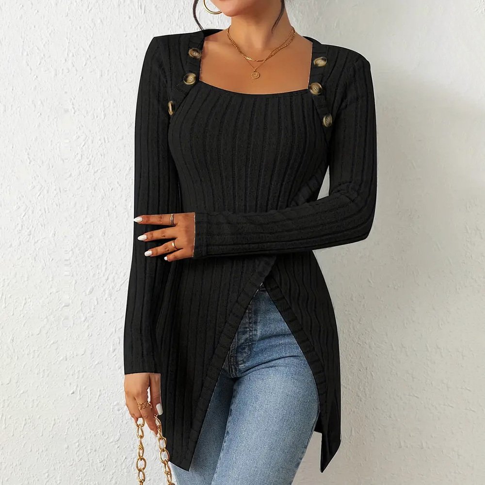Elegant Women's Solid Color Slim-Fit Long Sleeve Top - Square Neck & Button Detail With Asymmetric Hem, Casual Fall&Spring Blouse - Image 7