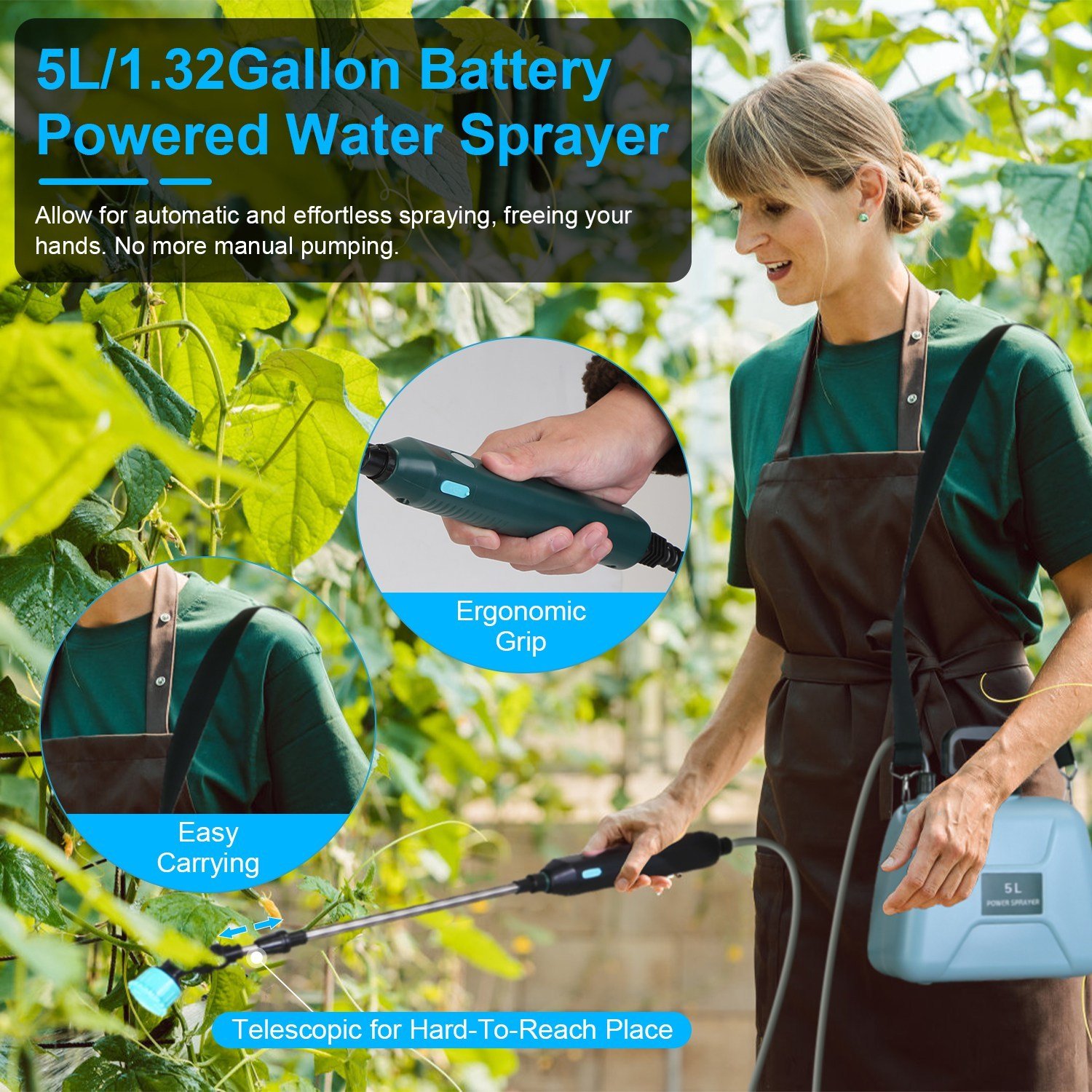 5L 1.32Gallon Battery Operated Water Sprayer Portable Garden Sprayer Electric Sprayer With Rechargeable Handle Telescopic Wand 3 Spray Nozzles Shoulder Strap For Lawn Garden - Image 6