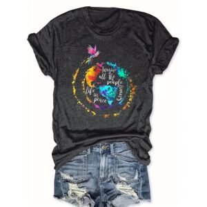 Women's Round Neck Short Sleeve Colorful Birds Around Earth Print T-Shirt Casual Summer Top