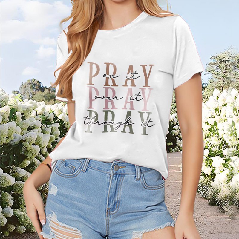 Women's 'PRAY' Print Round Neck Short Sleeve T-Shirt, Casual Summer Tee