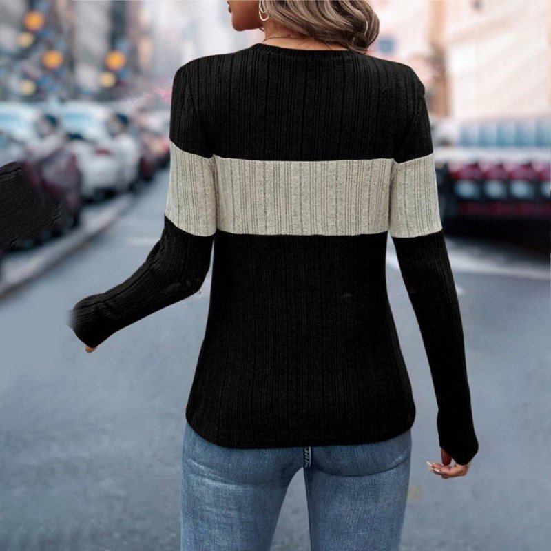 Women's Elegant Color-Block Round Neck Top - Basic Solid Color Contrast Casual Shirt For Fall&Winter - Image 5