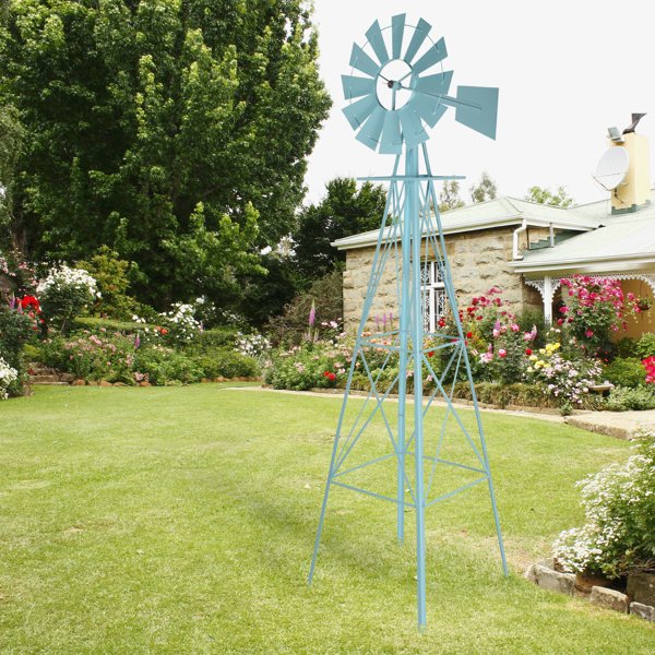 8ft Light Blue Ribbon Wind Vane, 4-pod Standing Iron Windmill - Image 8
