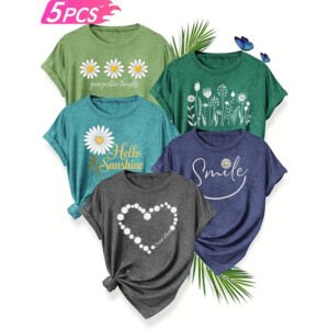 5 PCS Floral Graphic Shirt For Women Cute Flower Short Sleeve Ladies Tee Tops Teen Girls Casual T Shirt