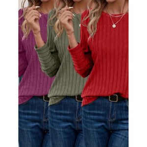 Women's 3 Pack Ribbed Knit Long Sleeve Shirts, Crew Neck Casual Stretch Tees, Basic Comfortable Tops