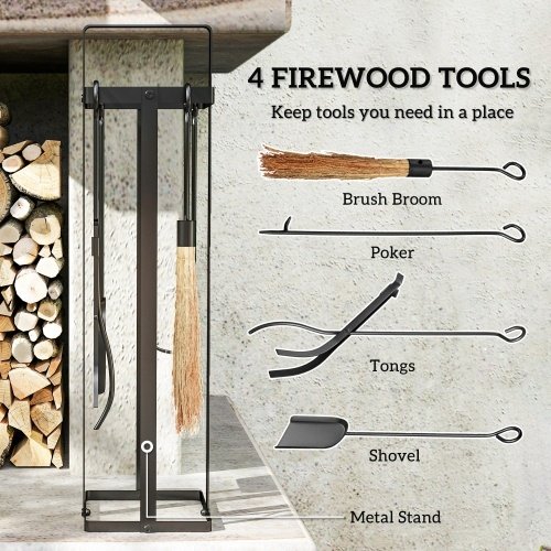 Outsunny Fireplace Tools Set Indoor Outdoor 5 Piece Heavy Duty Metal Fireplace Accessories Set With Brush Broom, Poker, Shovel, Tongs And Stand For Chimney, Black On-Site - Image 9