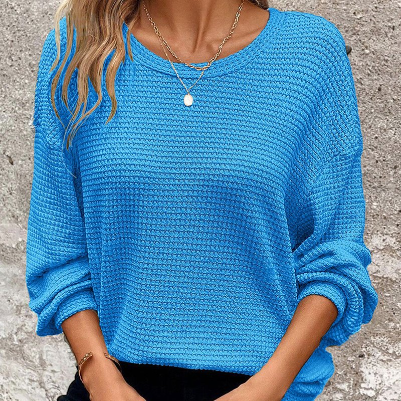 Plus Size Women's Waffle Knit Round Neck Drop Shoulder Long Sleeve Top - Casual Loungewear - Image 2