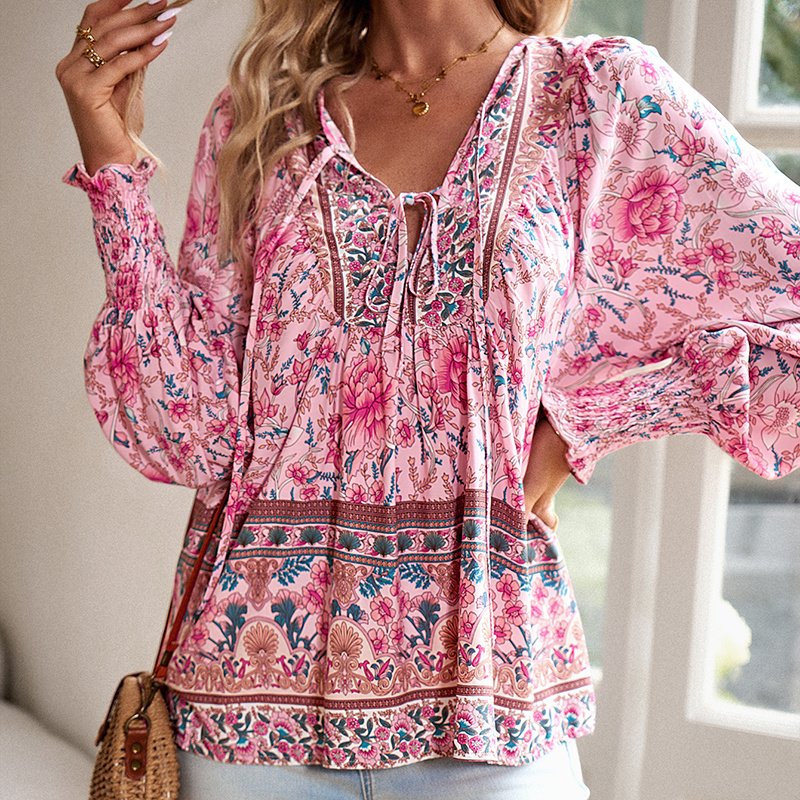 Wpmens Boho Chic Long Sleeve Blouse Floral Print V-Neck Top With Lace-Up & Drawstring Detail Elegant Vacation Shirt - Image 4