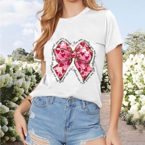 Women's Round Neck Short Sleeve T-Shirt With Oversized Bow Print Casual Summer Top