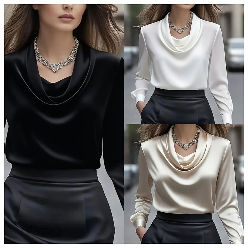 Elegant Satin Blouse - Women's Versatile Long Sleeve Shirt For All Seasons, Chic Solid Color Top - Image 5