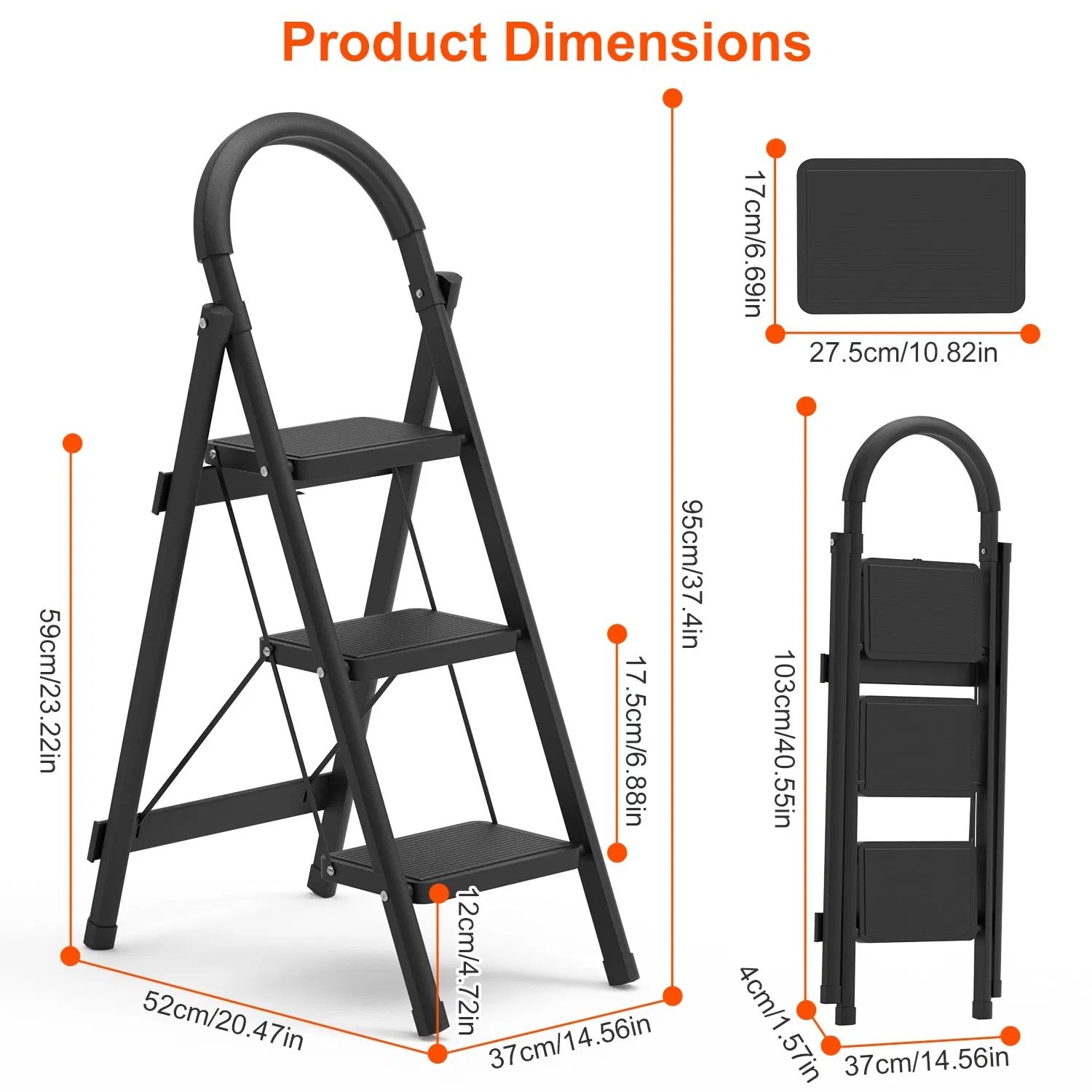 3-Step Folding Ladder, 330lbs Load Capacity, Lightweight 6.94lbs With 1.57in Folding Width, Heavy Duty Steel Construction, Non-Slip Pedals & Feet, Safety Lock, Multi-Use For Home Kitchen Living Room - Image 6