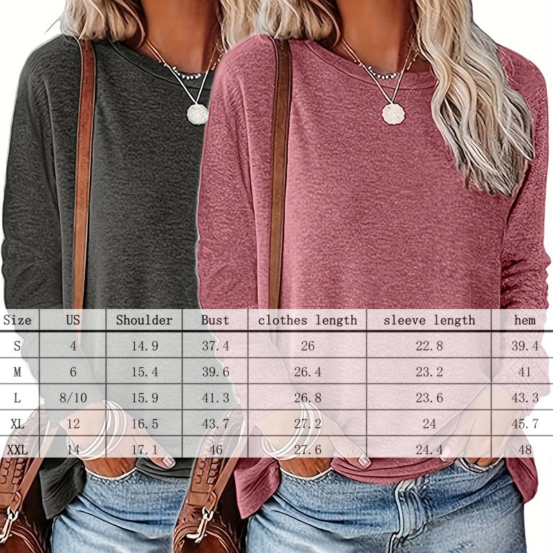 Basic Solid Color Women's Two-Piece Outfit Round Neck Long Sleeve Casual Tops For Spring & Fall - Image 9