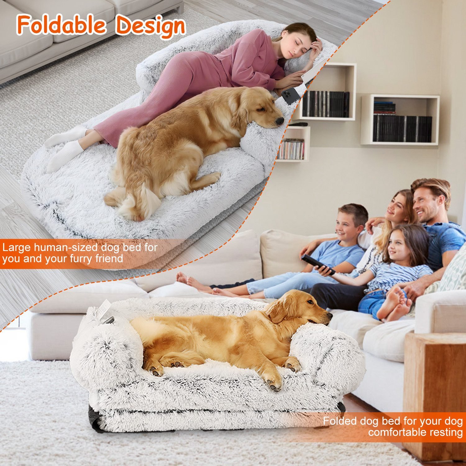 1Pc Large Foldable Human Size Dog Bed With Pillow Blanket Flurry Plush Napping Human-Sized Dog Bed Machine Washable Zipped Removable Cover For Pets Kids Adults Grey 71x45x10in - Image 2
