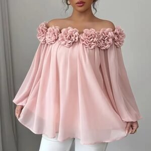 Women's 3D Floral Off Shoulder Blouse, Elegant Long Sleeve Ruffle Sheer Shirt For Party, Evening Dressy Top