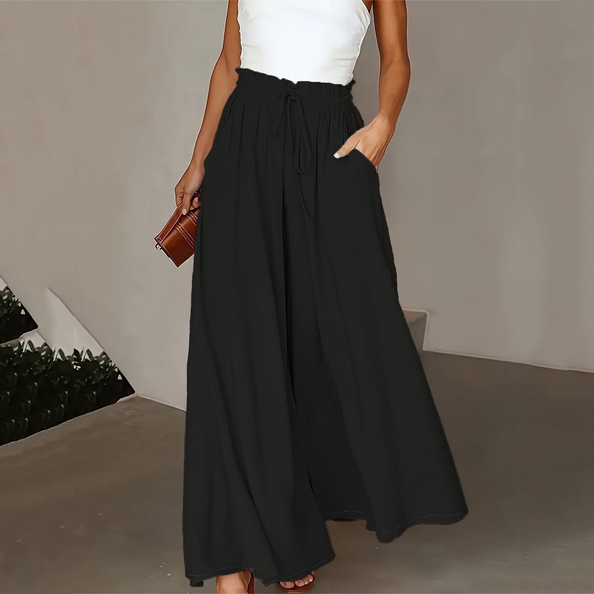 New Casual Elastic High Waist Solid Color Wide Leg Pants