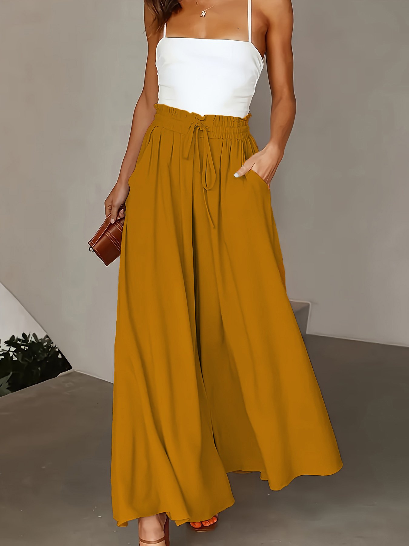 New Casual Elastic High Waist Solid Color Wide Leg Pants - Image 2