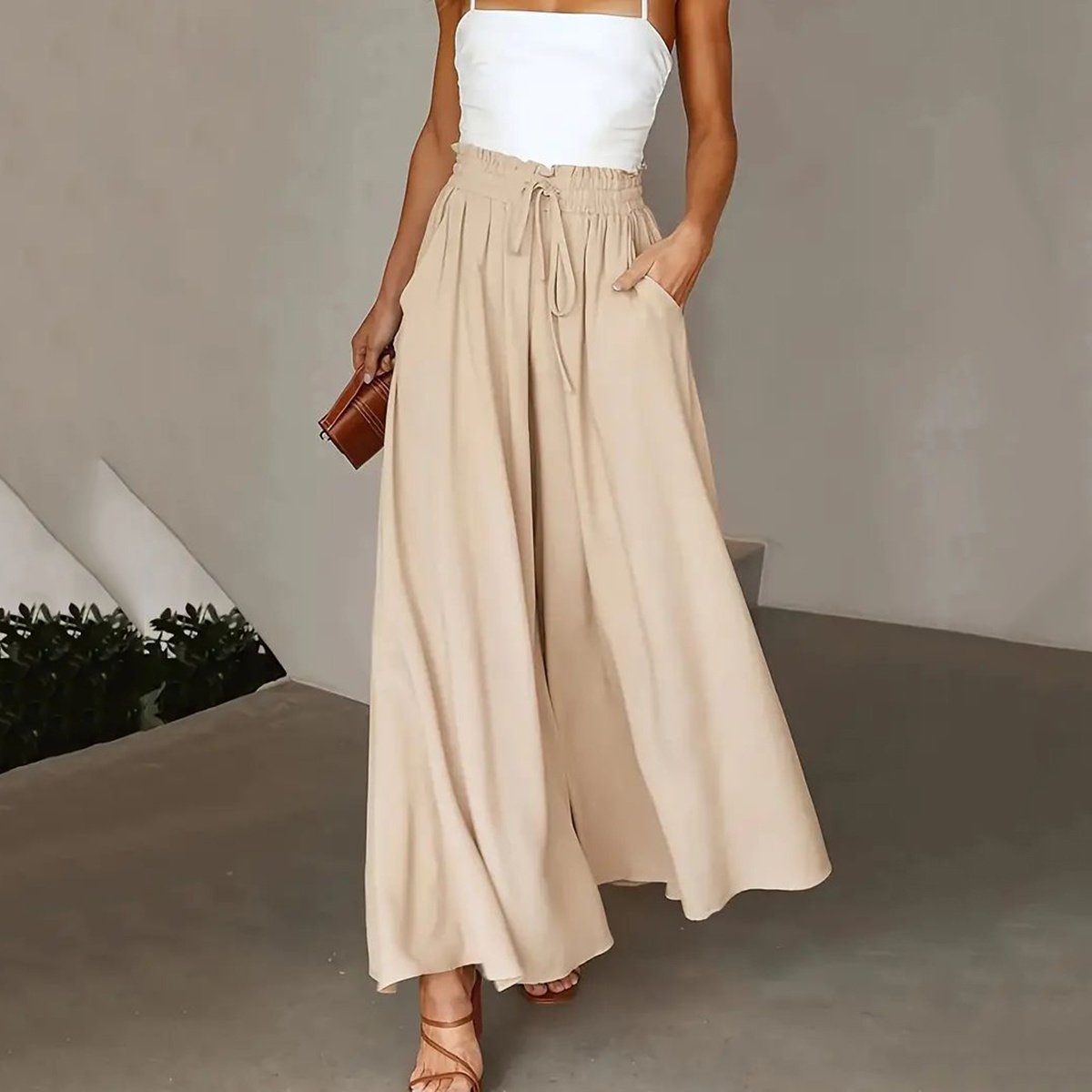 New Casual Elastic High Waist Solid Color Wide Leg Pants - Image 7