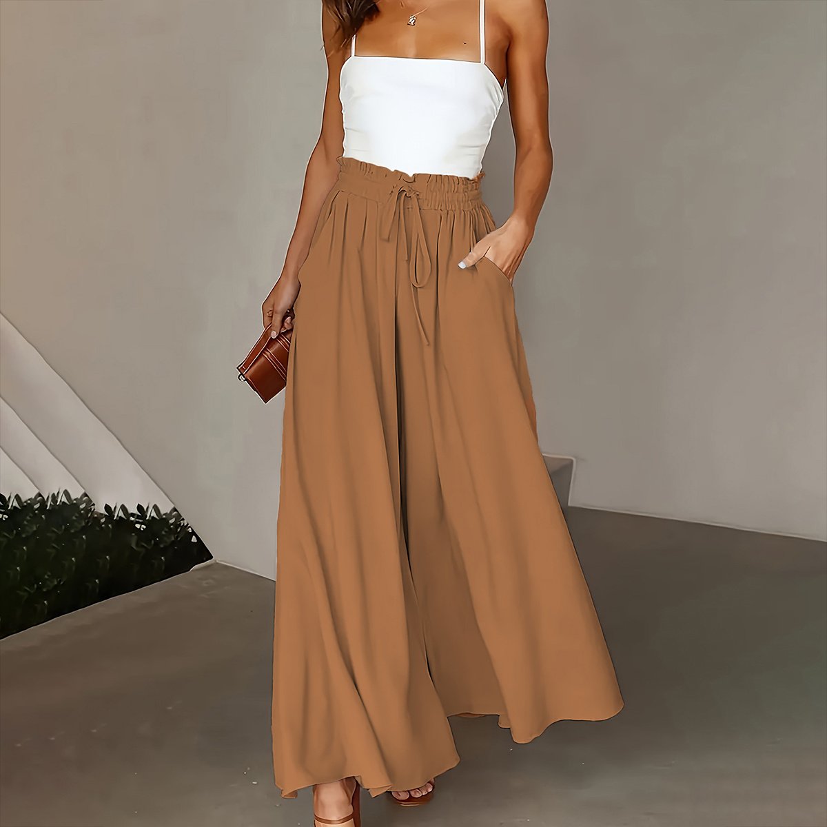 New Casual Elastic High Waist Solid Color Wide Leg Pants - Image 8