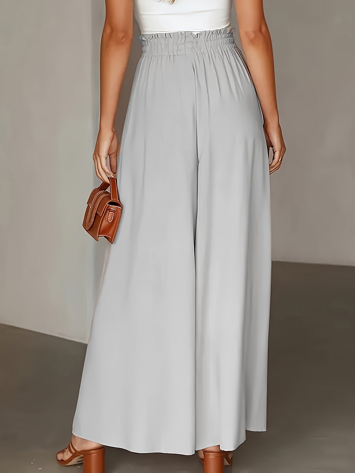 New Casual Elastic High Waist Solid Color Wide Leg Pants - Image 9