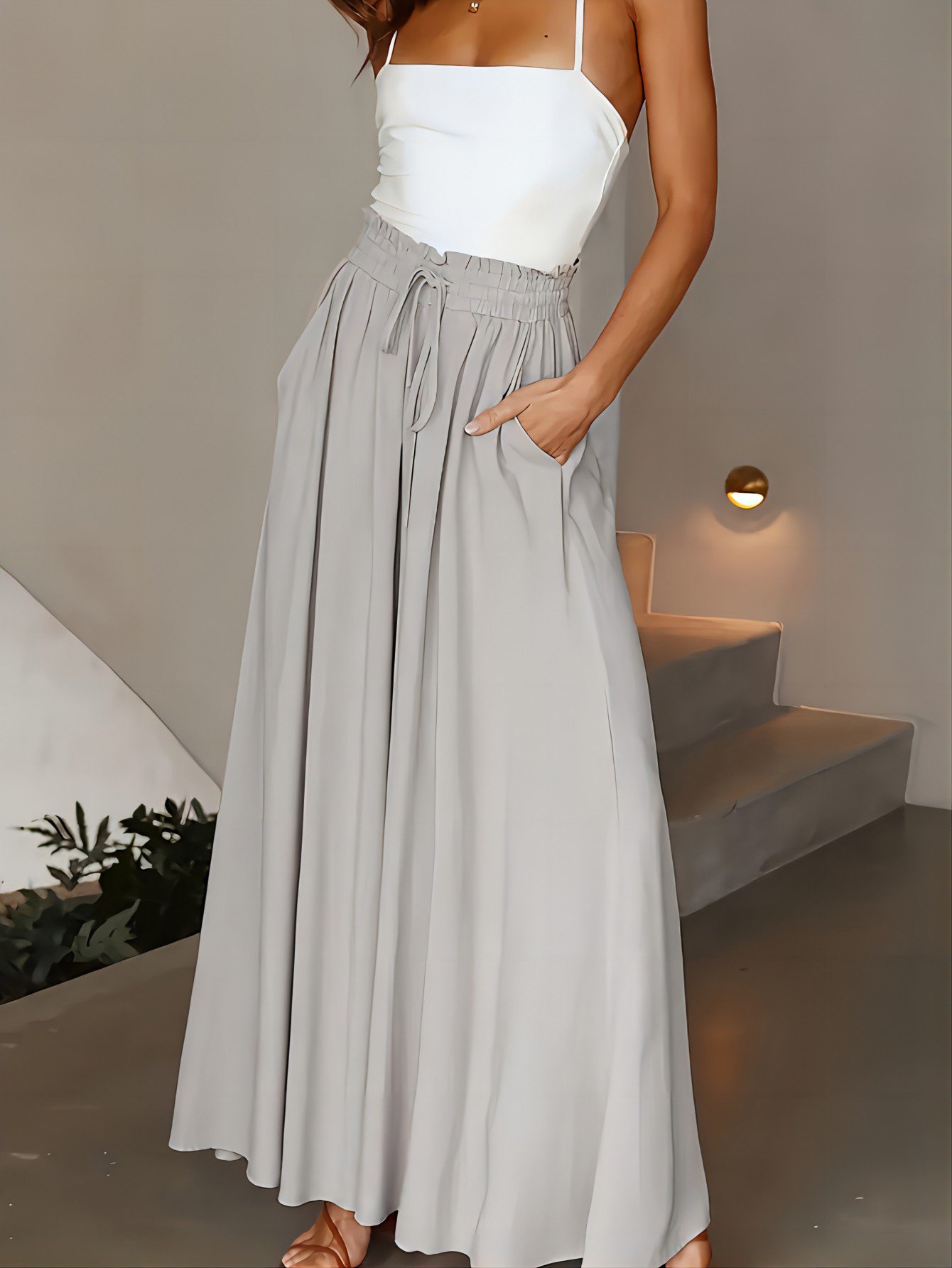 New Casual Elastic High Waist Solid Color Wide Leg Pants - Image 10